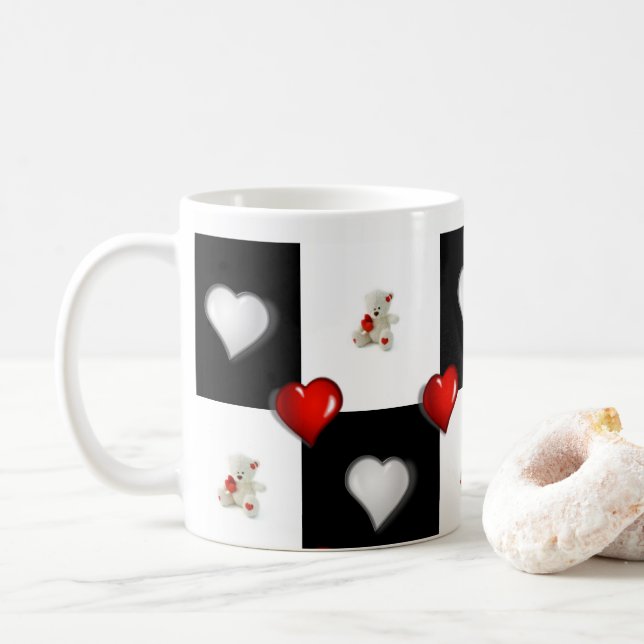 Caneca De Café Urso Branco Vermelho Corações (Com Donut)