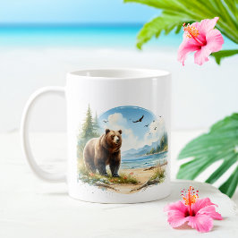 Caneca De Café Urso Cinza da Aquarela de Verão na praia