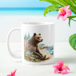 Caneca De Café Urso Cinza da Aquarela de Verão na praia