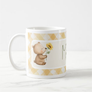 Caneca De Café Urso de Girassol Boho Laço Amarelo Xadrez Nome