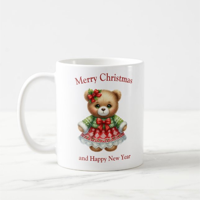 Caneca De Café Urso de pelúcia bonitinho com vestido de Natal e c (Esquerda)
