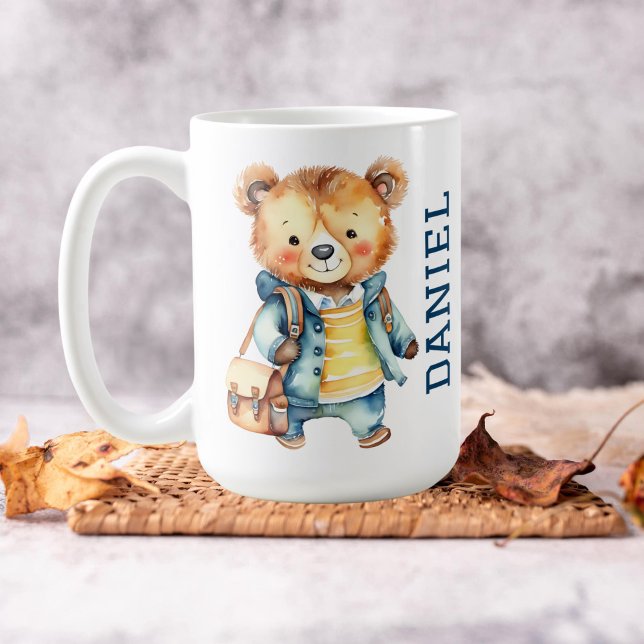 Caneca De Café Urso de pelúcia bonitinho de primeira série numa b (Hello first grade cute teddy bear in a jacket and school bag personalized name mug gifts for boys)