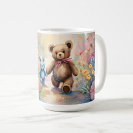 Caneca De Café Urso de pelúcia e coelho num jardim de pastel
