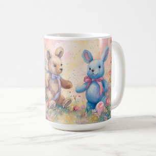 Caneca De Café Urso de pelúcia e coelho num jardim de pastel