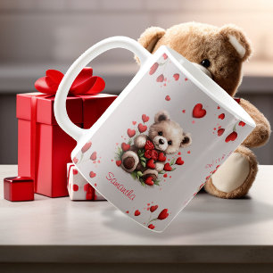 Caneca De Café Urso de Pelúcia Rosas Corações Vermelhos Dia dos N