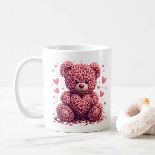 Caneca De Café Urso de Teddy, Namorados Floral Rosa (Com Donut)