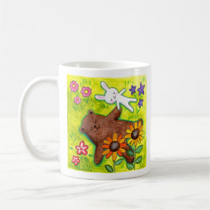 Caneca De Café Urso Feliz e Casal de Coelho na Grama Namorados