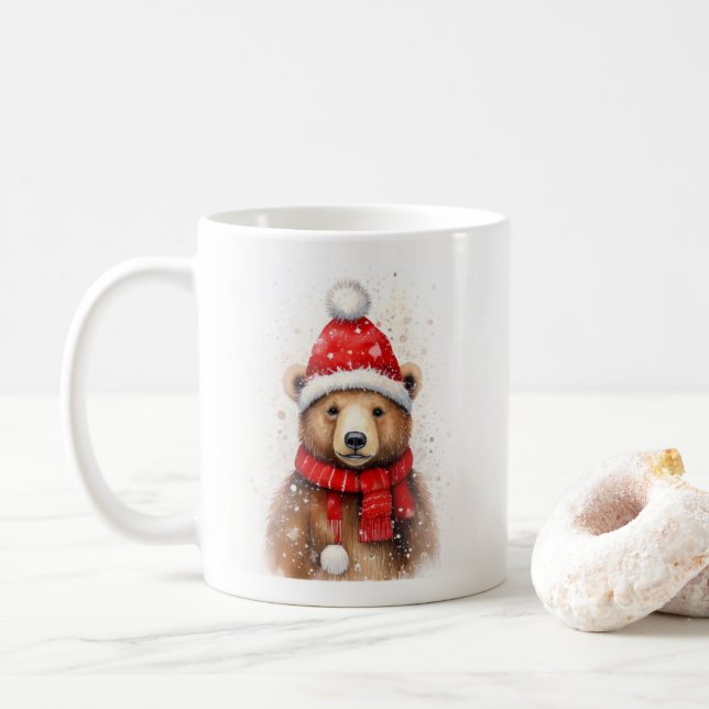 Caneca De Café Urso Inverno com Chapéu Vermelho Cozy (Com Donut)