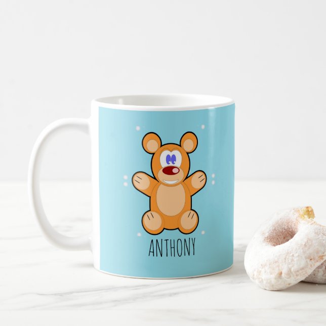 Caneca De Café Urso marrom, monograma, de pelúcia azul (Com Donut)