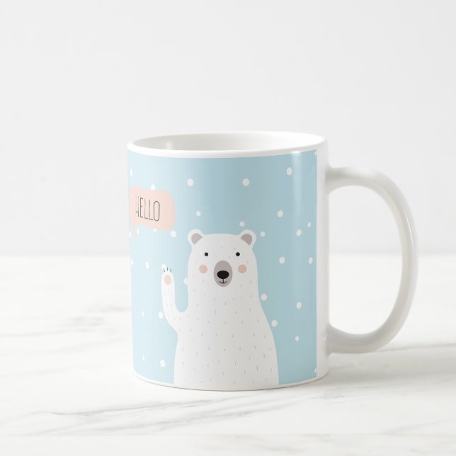 Caneca De Café Urso Polar Bonito na Neve diz Olá + NOME (Direita)