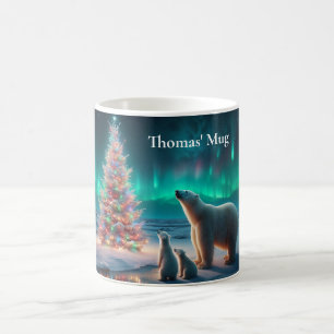 Caneca De Café Urso Polar Mãe Cubs Árvore De Natal Aurora Boreali