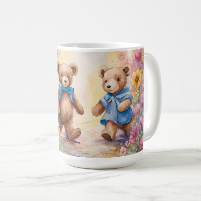 Caneca De Café Ursos peludos a passear num Jardim Pastel (Frente Esquerda)