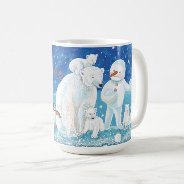 Caneca De Café Ursos Polares, Raposa, Pinguim e Snowman Felizes (Frente Esquerda)