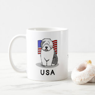Caneca De Café USA American Flag Old English Sheepdog (Cinza 1)