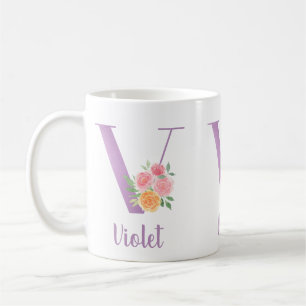 Caneca De Café V Monograma Floral Aguarela Personalizado