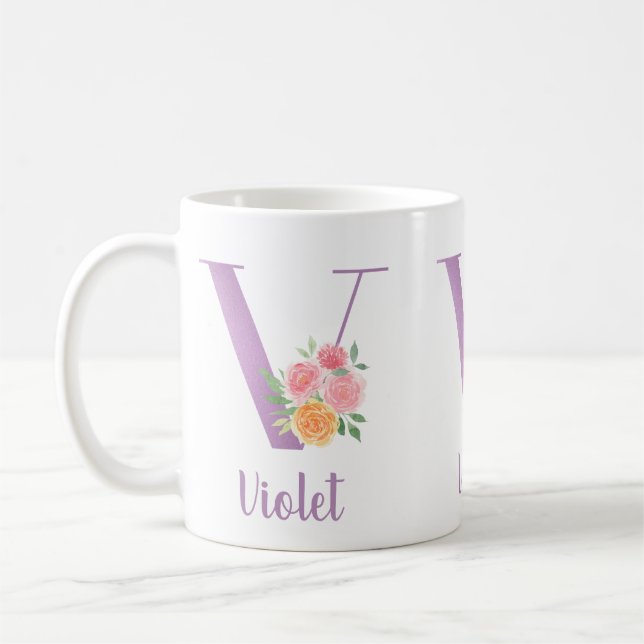 Caneca De Café V Monograma Floral Aquarela Personalizada (Esquerda)