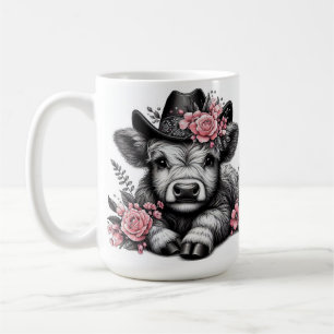 Caneca De Café Vaca das Terras Altas com Chapéu e Decoração Flora