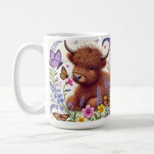 Caneca De Café Vaca das Terras Altas com Flores e Borboletas
