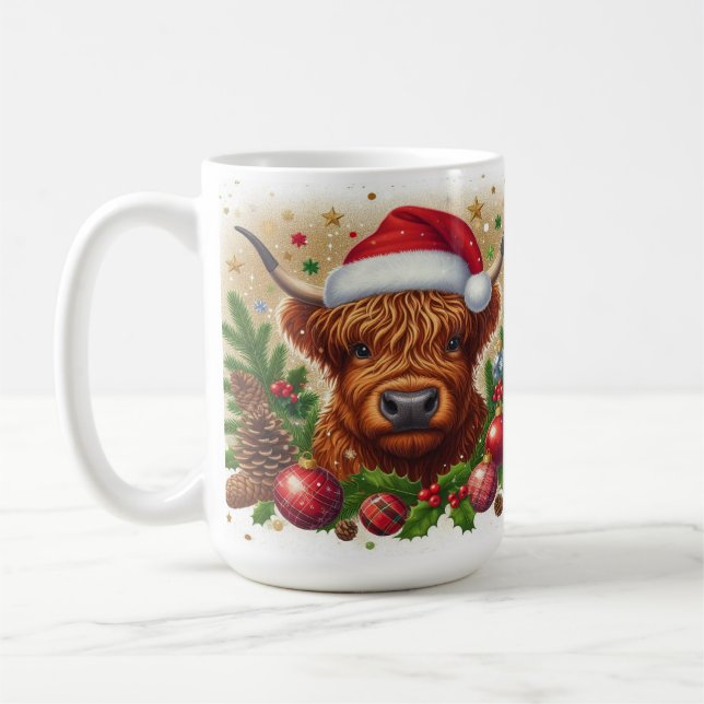 Caneca De Café Vaca das Terras Altas Vestindo Chapéu de Papai Noe (Esquerda)