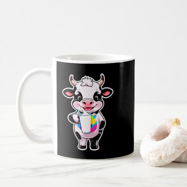 Caneca De Café Vaca de desenho animado fofa bebendo leite de copo (Com Donut)
