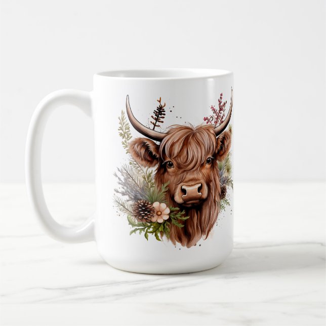 Caneca De Café Vaca Escocesa Highland com Flores Personalizáveis (Esquerda)