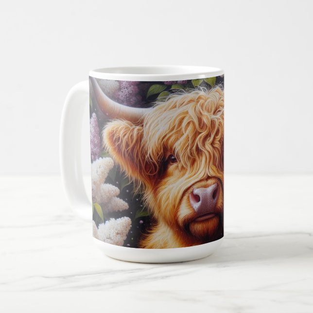 Caneca De Café Vaca Highland com Flores Lilac (Frente Esquerda)