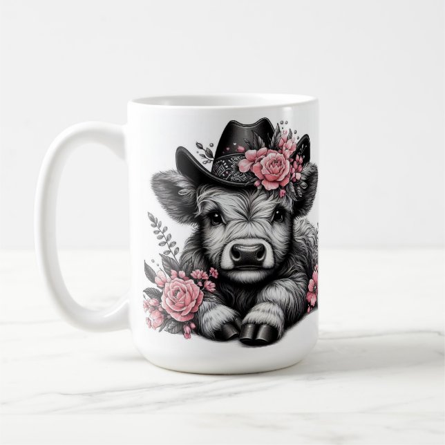 Caneca De Café Vaca Highland em Chapéu com Decoração Floral (Esquerda)
