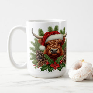 Caneca De Café Vaca Highland em Santa Hat Pinecones de Natal