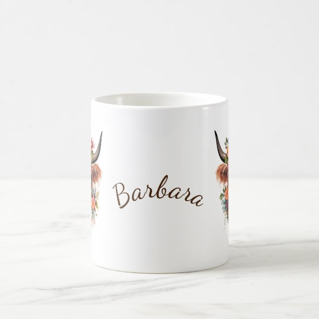 Caneca De Café Vaca Highland Moderna de Aquarela com Flores (Centro)