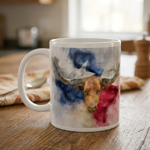 Caneca De Café Vaca Longhorn com Texas Flag Map Watercolor
