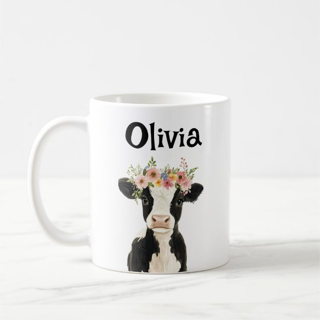 Caneca De Café Vaca para bebês personalizada com coroa floral (Esquerda)