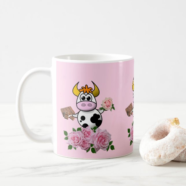 Caneca De Café Vaca Rosas Rosa Flóridas Molho-de-Chocolate (Com Donut)