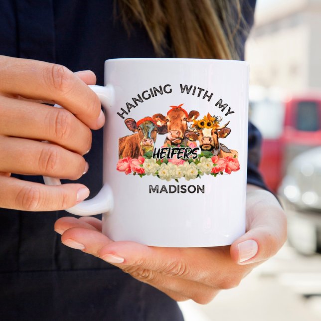 Caneca De Café Vacas Fazendas Engraçadas Com Meu Nome De Heifers (Criador carregado)