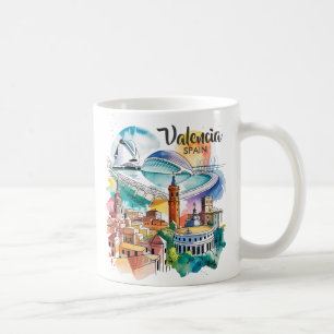 Caneca De Café Valência Espanha Paisagem Urbana Aquarela Viagem P