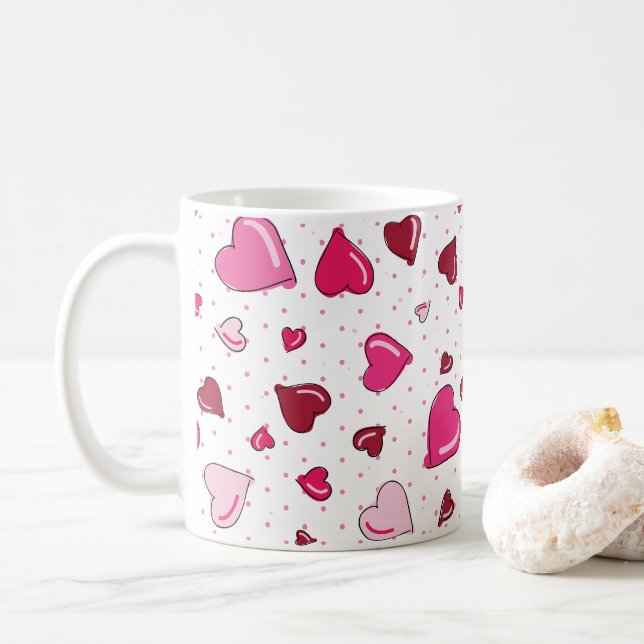 Caneca De Café Valentine Day Sweetheart Red Pink Heart Bolinhas (Com Donut)