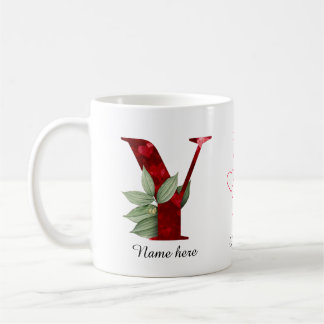 Caneca De Café Valentine Red Heart Floral Letter Y Initial Mug