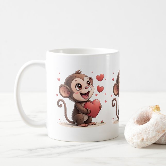 Caneca De Café Valentine's Day Monkey Red Hearts Mugs (Com Donut)