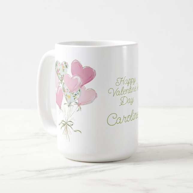 Caneca De Café Valentine's Heart Pink and Green Heart Balloons (Frente Esquerda)