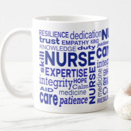 Caneca De Café Valores da Enfermagem Tipografia Azul Apreciação