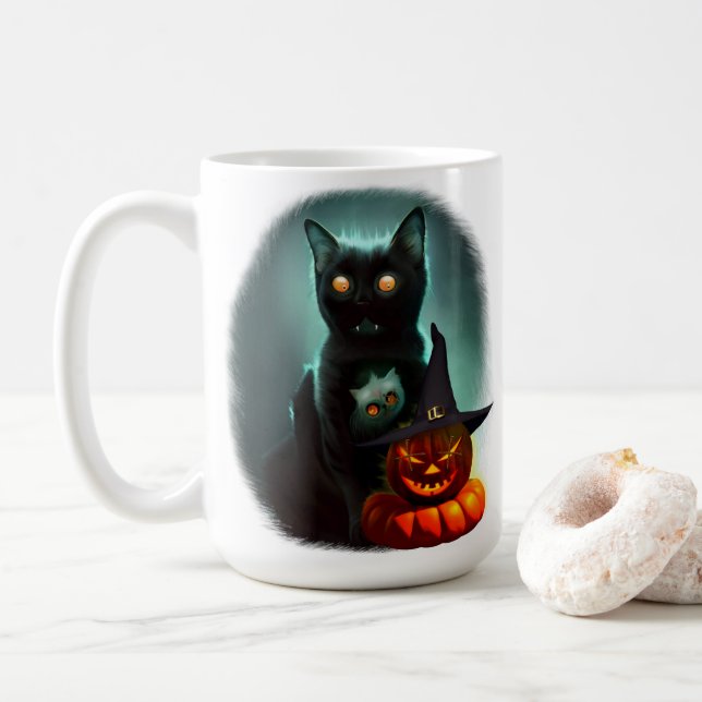 Caneca De Café Vampiro Gato e Mágico Pumpkin Halloween Surreal (Com Donut)