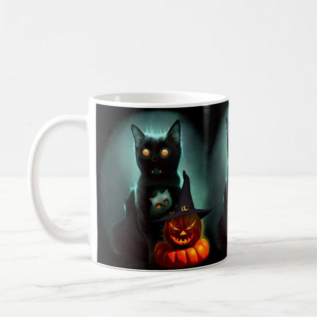 Caneca De Café Vampiro Gato e Mágico Pumpkin Halloween Surreal (Esquerda)