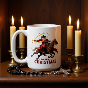 Caneca De Café Vaqueiro de Natal laçando Cavalgando