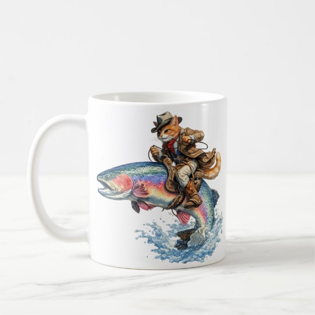 Caneca De Café Vaqueiro Gato Montando Truta Arco-íris Rodeio  (Esquerda)