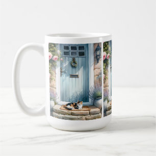 Caneca De Café Varanda Floral Cottagecore com Gato Calico