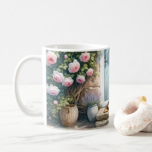 Caneca De Café Varanda Floral Cottagecore com Gato Calico