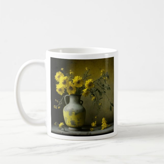 Caneca De Café Vase Antiquada de Flores Amarelas (Esquerda)