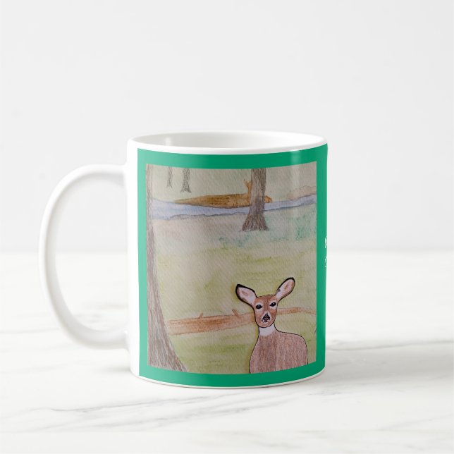 Caneca De Café Veado branco no bosque verde azul (Esquerda)