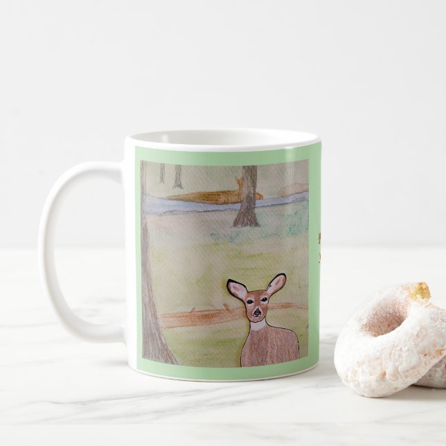 Caneca De Café Veado branco no bosque verde-claro (Com Donut)