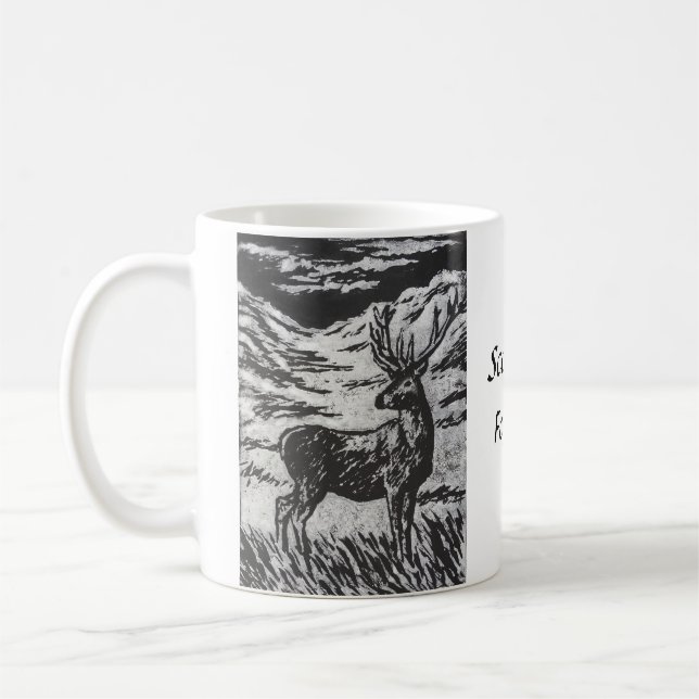 Caneca De Café Veado escocês em Snowy Glen Black & White Linocut (Esquerda)
