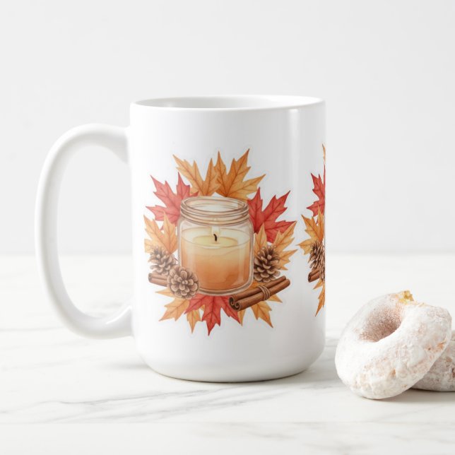 Caneca De Café Vela de Outono Aconchegante com Folhas de Bordo |  (Com Donut)